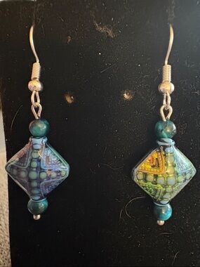 Hand Crafted Mood Bear and Blue Tigers Eye Patterned Diamond Glass Drop